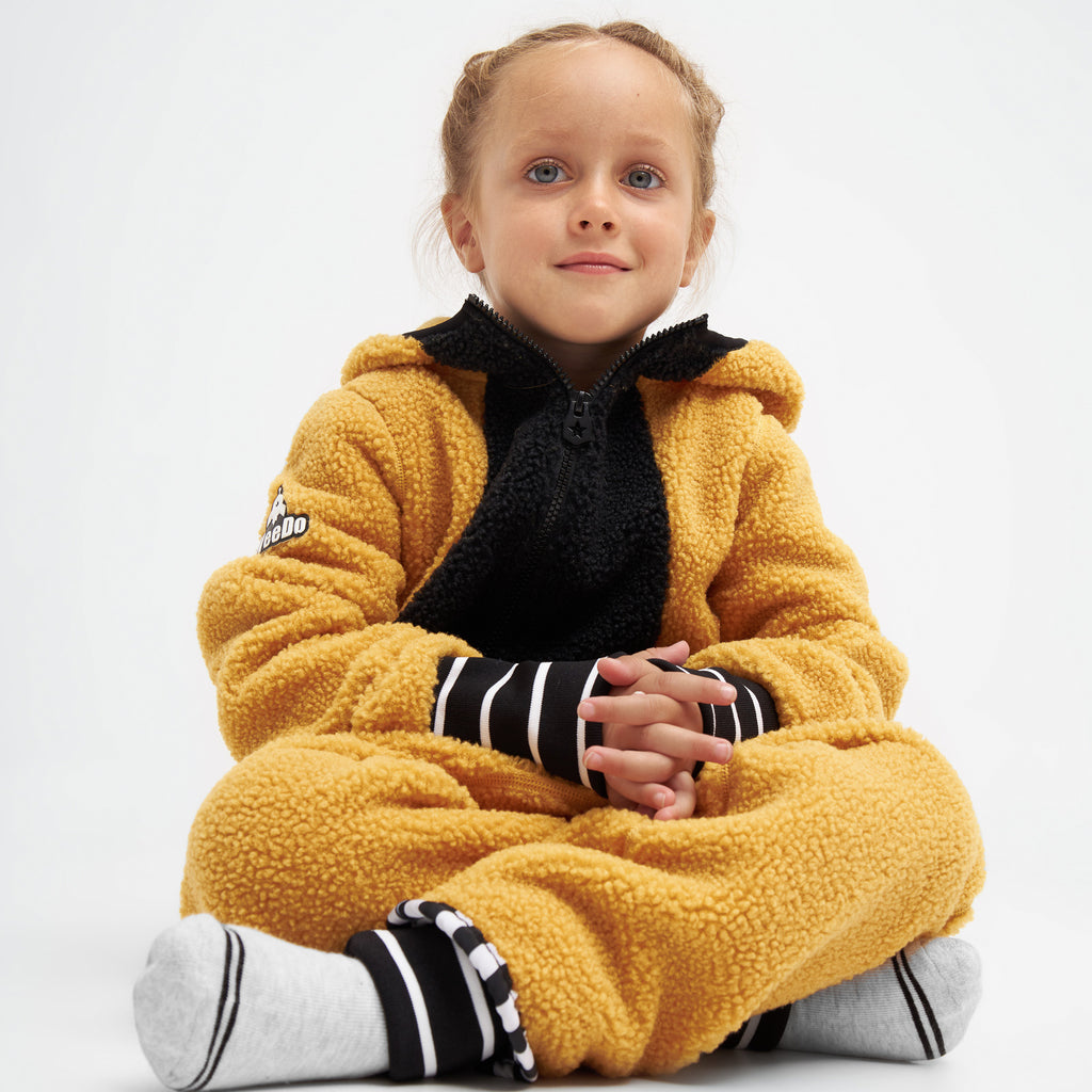 TEDDY FLEECE jumpsuit in golden brown black with ears – WeeDo funwear GmbH